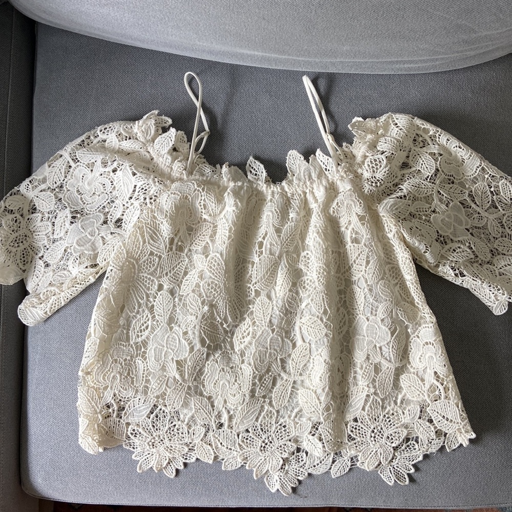 Beautiful lace off shoulder thin strap top!